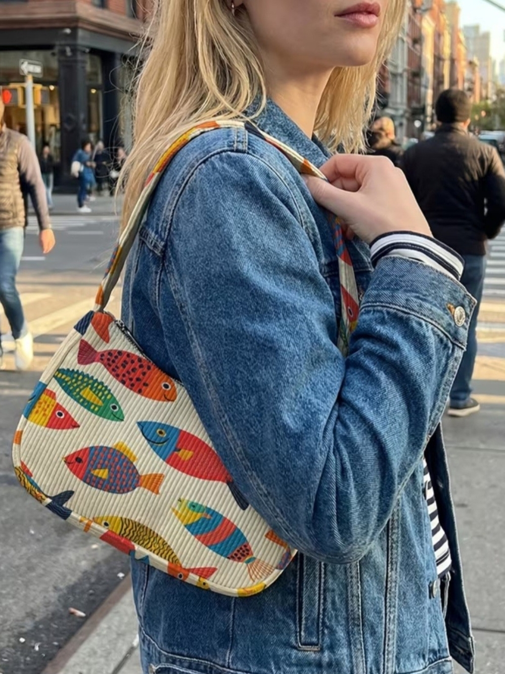 Colorful Cordoury Fish Print Shoulder Bag - White Multi